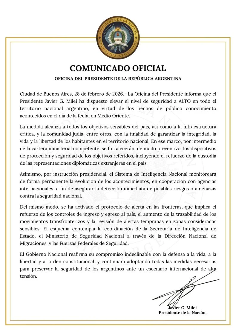 El comunicado que firma Javier Milei.&nbsp;