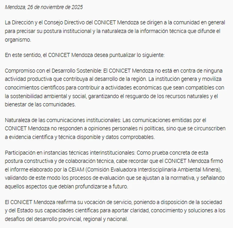 El comunicado reciente del CONICET.&nbsp;