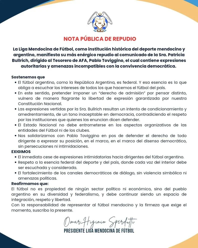 El comunicado de Liga Mendocina.