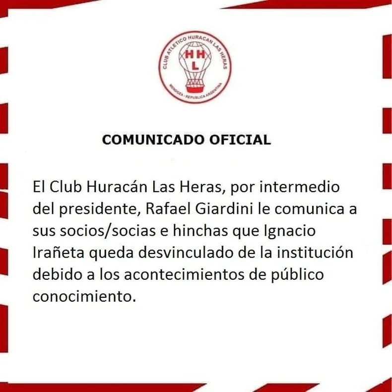 El comunicado oficial de Huracán Las Heras.