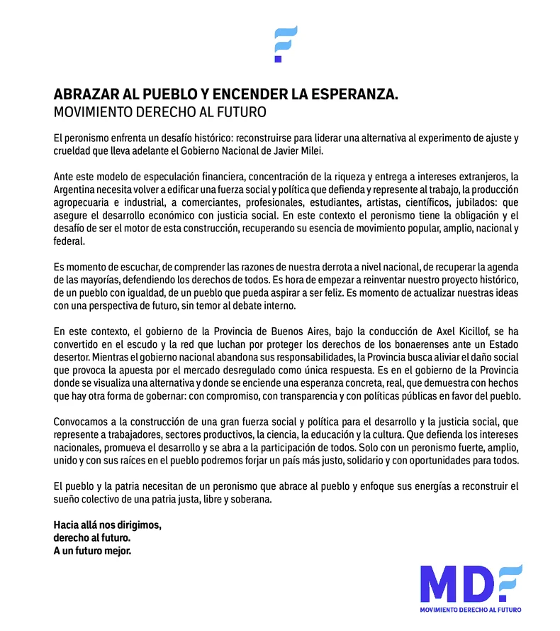 El comunicado del nuevo espacio fundado por Axel Kicillof.&nbsp;