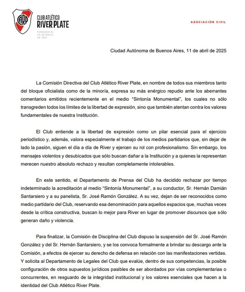 El contundente comunicado de River.