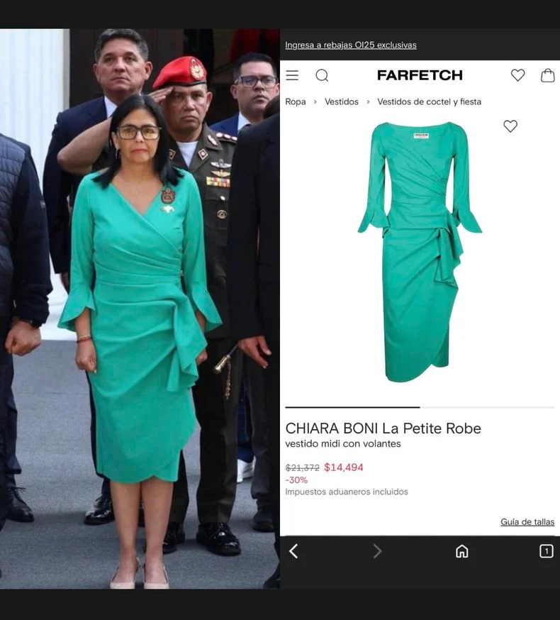 El vestido de Delcy Rodr&iacute;guez gener&oacute; pol&eacute;mica por el costo y porque no es de industria nacional.&nbsp;