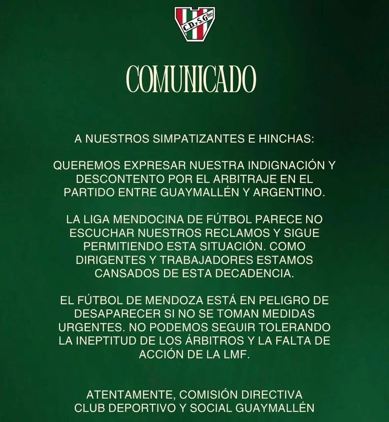 El duro comunicado de Guaymall&eacute;n.