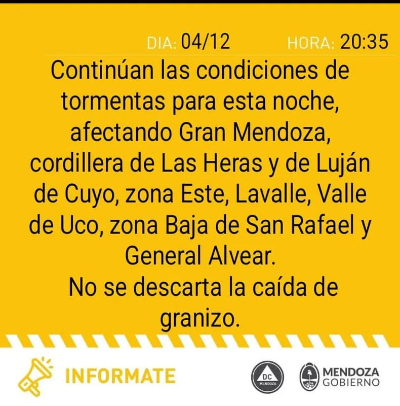 Defensa Civil lanz&oacute; un alerta por tormentas en Mendoza.
