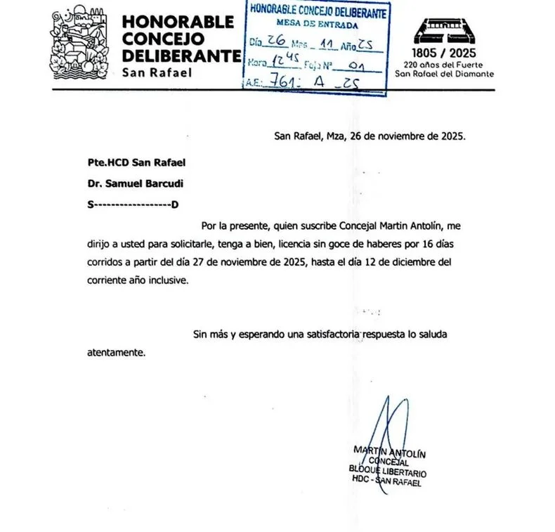 La nota que envió el concejal Antolín pidiendo licencia sin goce de haberes. 