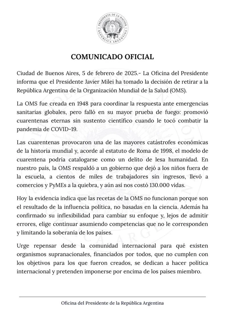 Argentina sale de la OMS.&nbsp;
