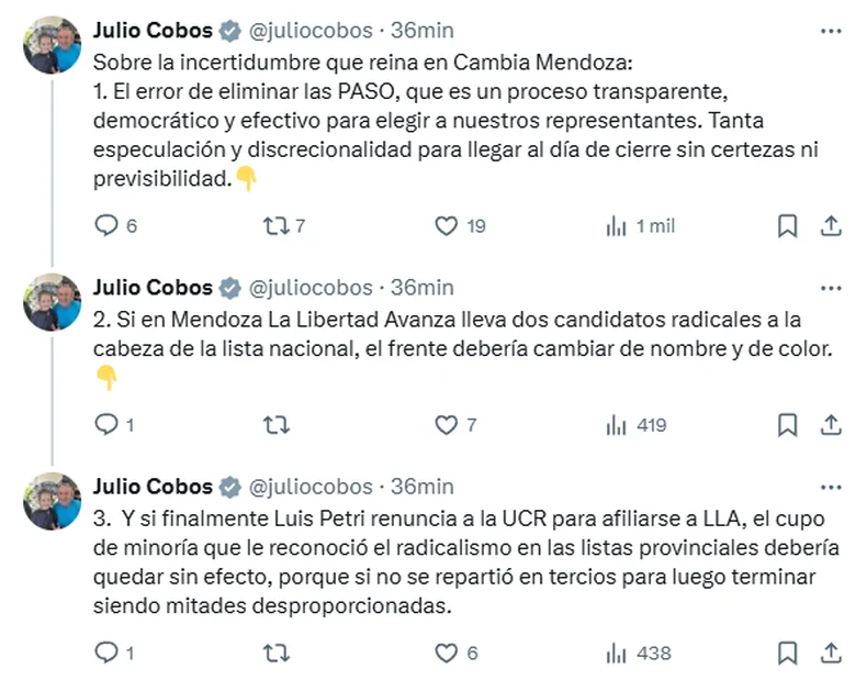 El tuit de Julio Cobos luego de la confirmaci&oacute;n de la candidatura de Luis Petri.&nbsp;