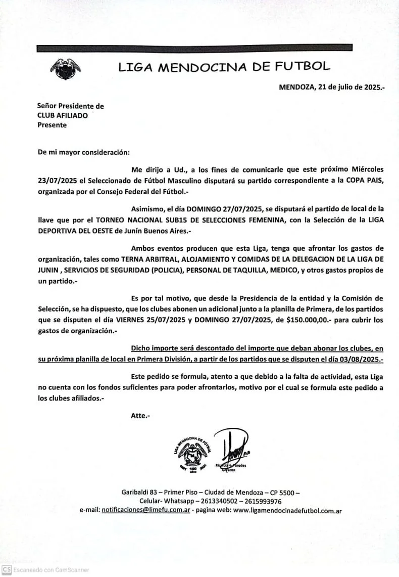 El comunicado de Liga Mendocina.