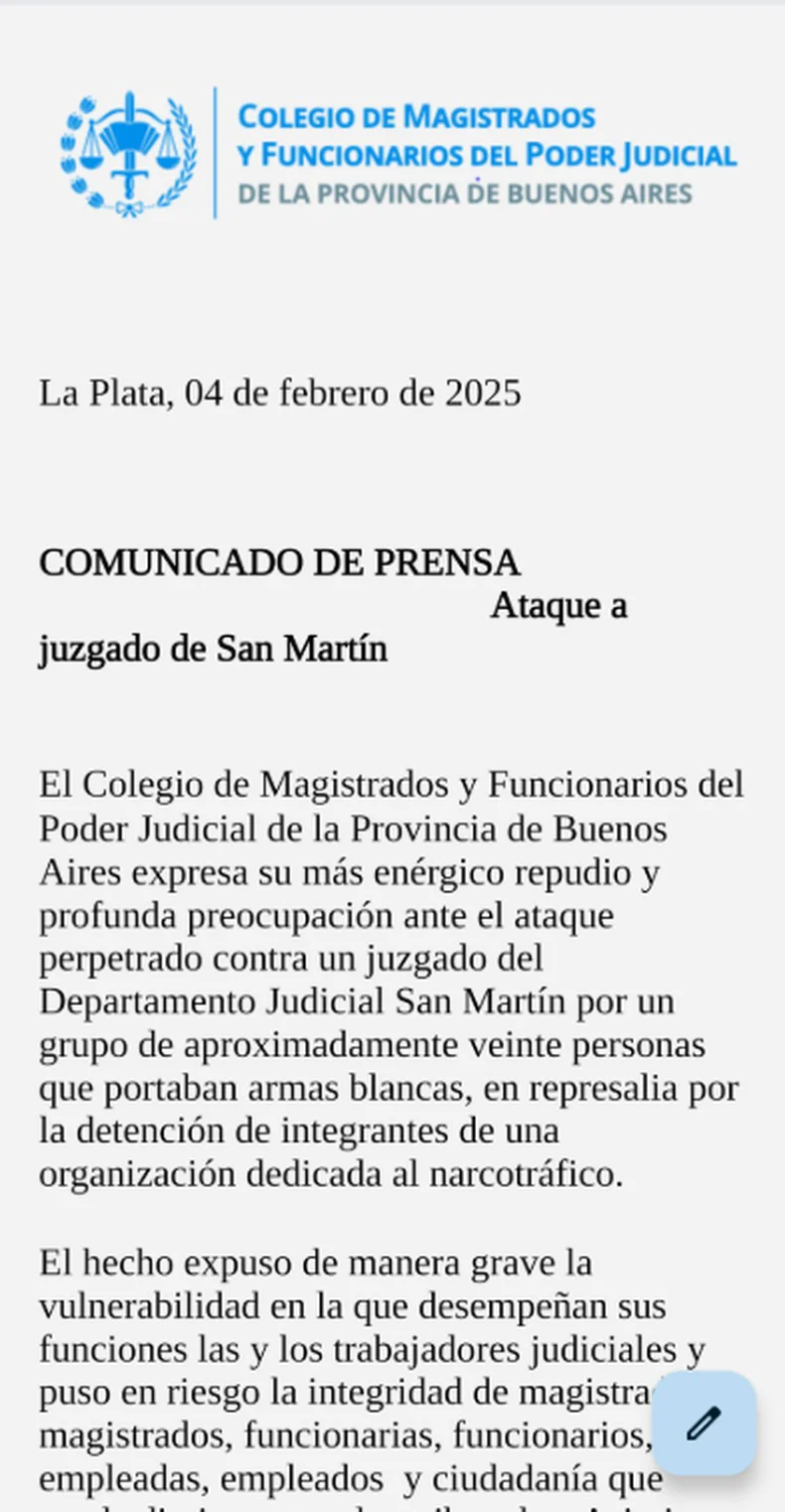 Repudio del Colegio de Magistrados por el apriete a un juez tras la detenci&oacute;n de una banda narco