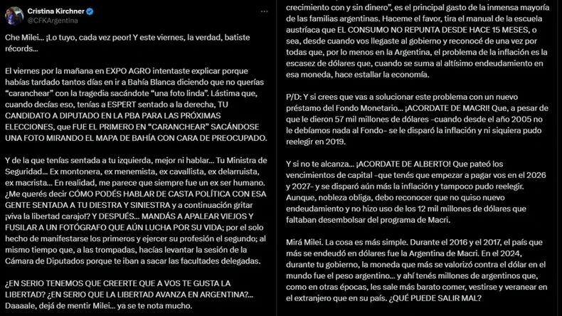 Las acusaciones de Cristina Fern&aacute;ndez de Kirchner a Javier Milei.&nbsp;