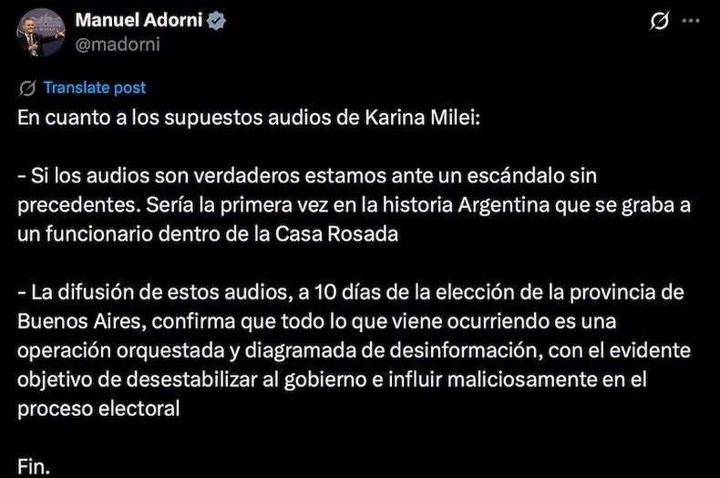 Manuel Adorni se refiri&oacute; del caso que salpica al Gobierno.