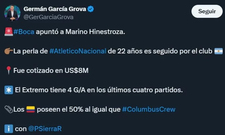 Mariano Hinestroza es el jugador apuntado por Boca.