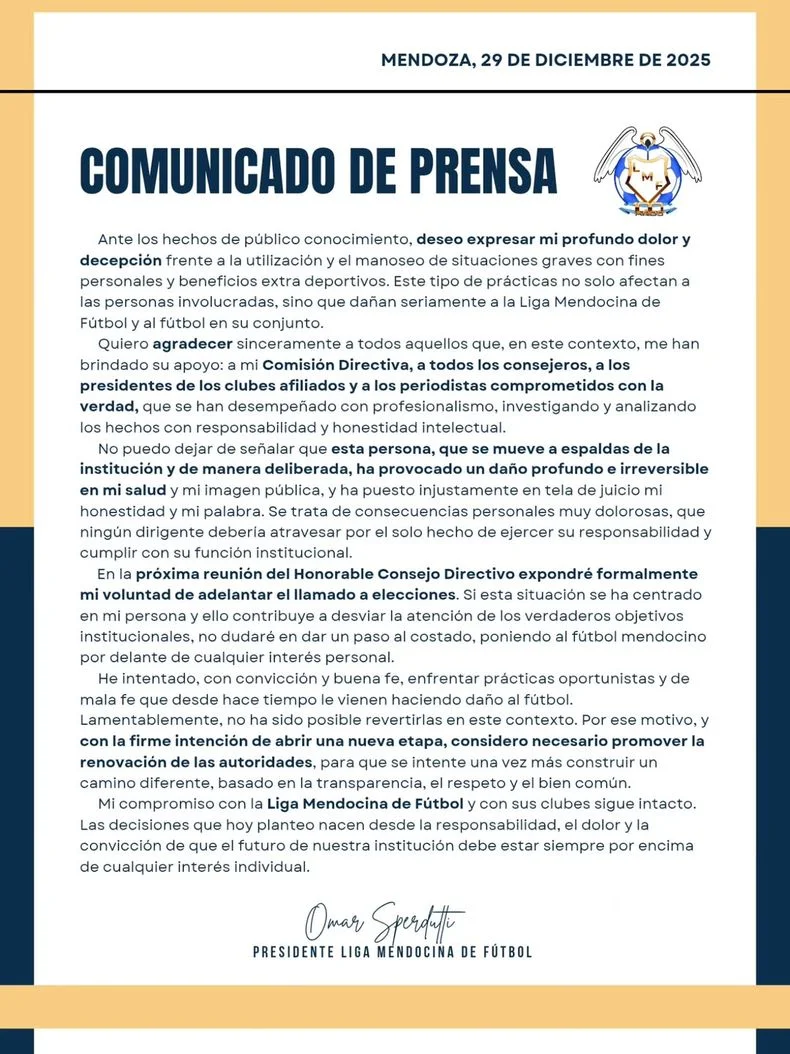 Omar Sperdutti tiene la decisi&oacute;n tomada de adelantar elecciones en la Liga Mendocina de F&uacute;tbol.&nbsp;