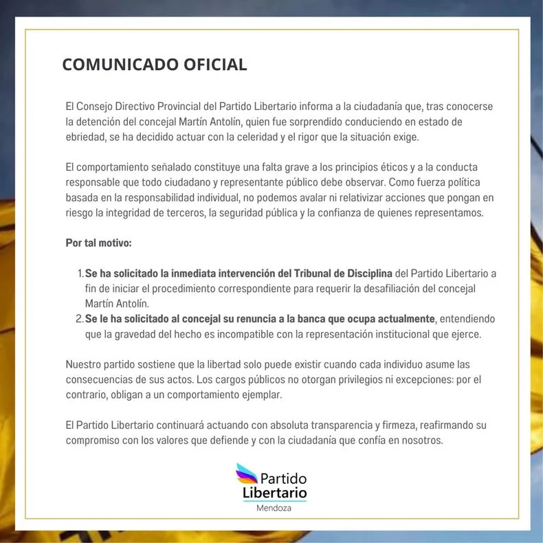 El comunicado del Partido Libertario por el caso de Martin Antolin.
