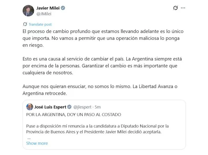 El mensaje de Milei tras la renuncia de Jos&eacute; Luis Espert.