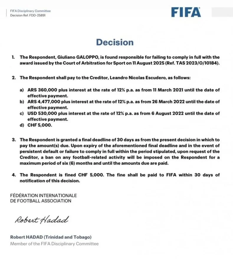 La palabra de FIFA sobre Giuliano Galoppo.